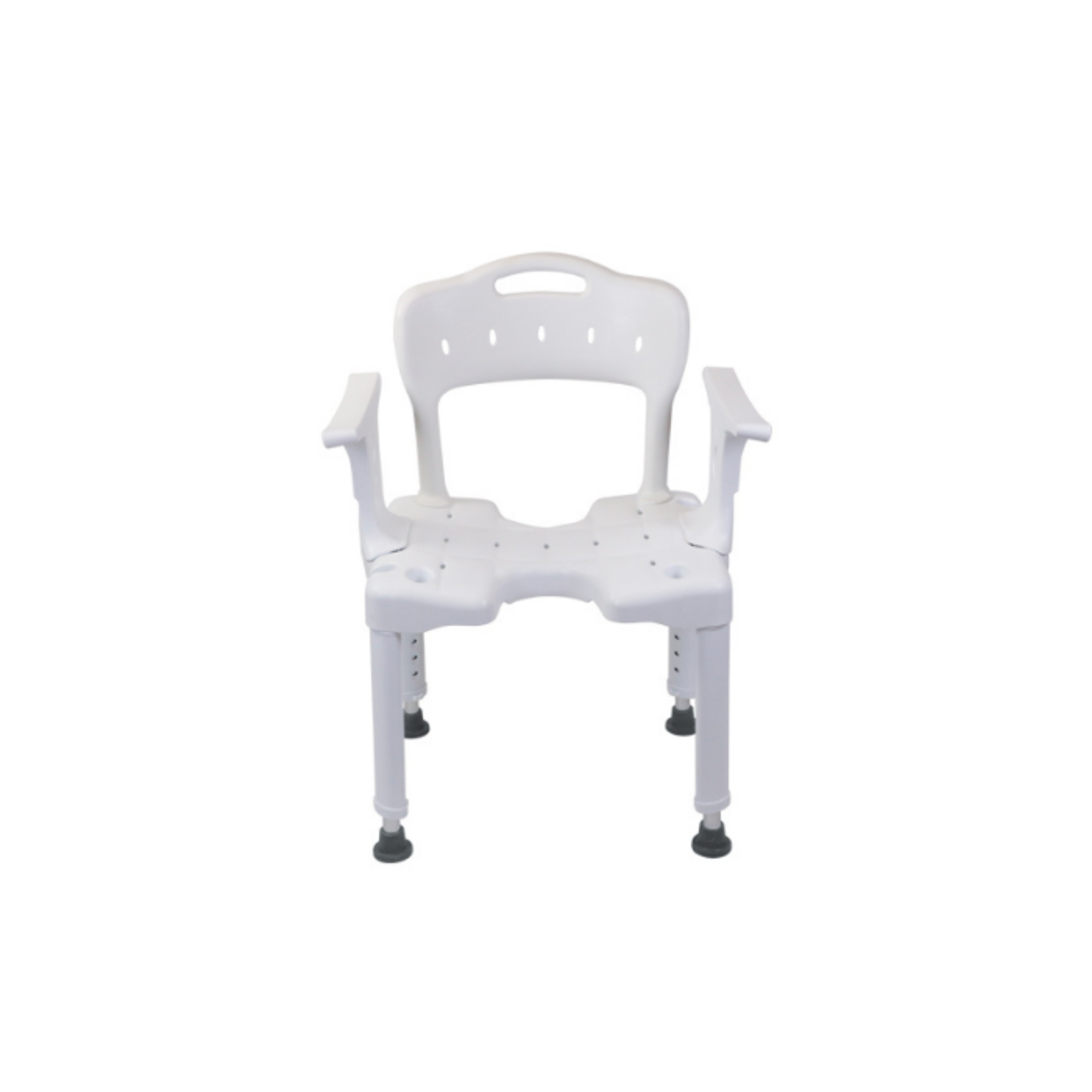 White shower chair with backrest, grey armrests, drainage‑hole seat and silver adjustable legs with rubber feet, shown on a white background to display condition and features