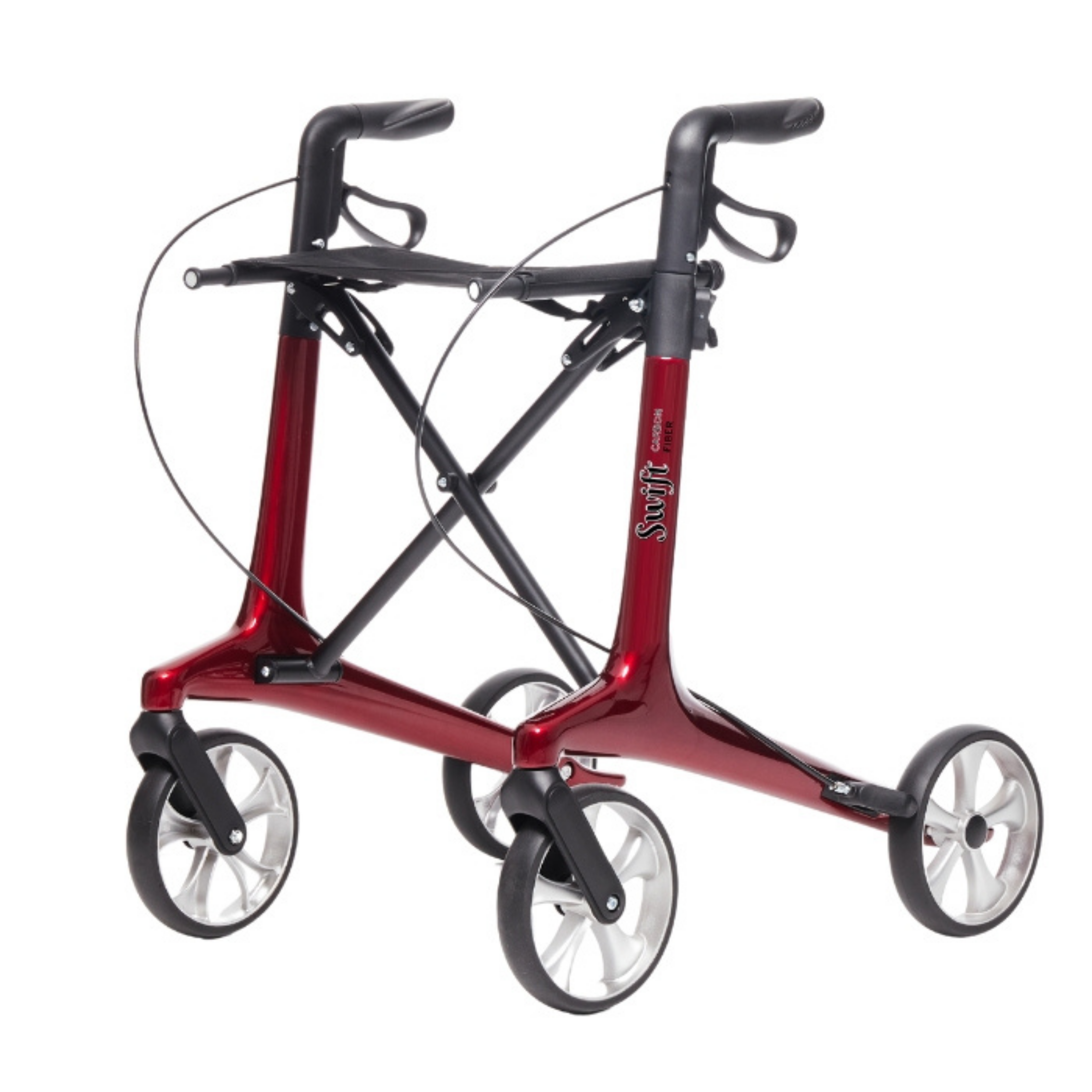 Red and black three‑wheel rollator with ergonomic handles, lightweight frame and large front wheel, shown on a white background to display condition and features