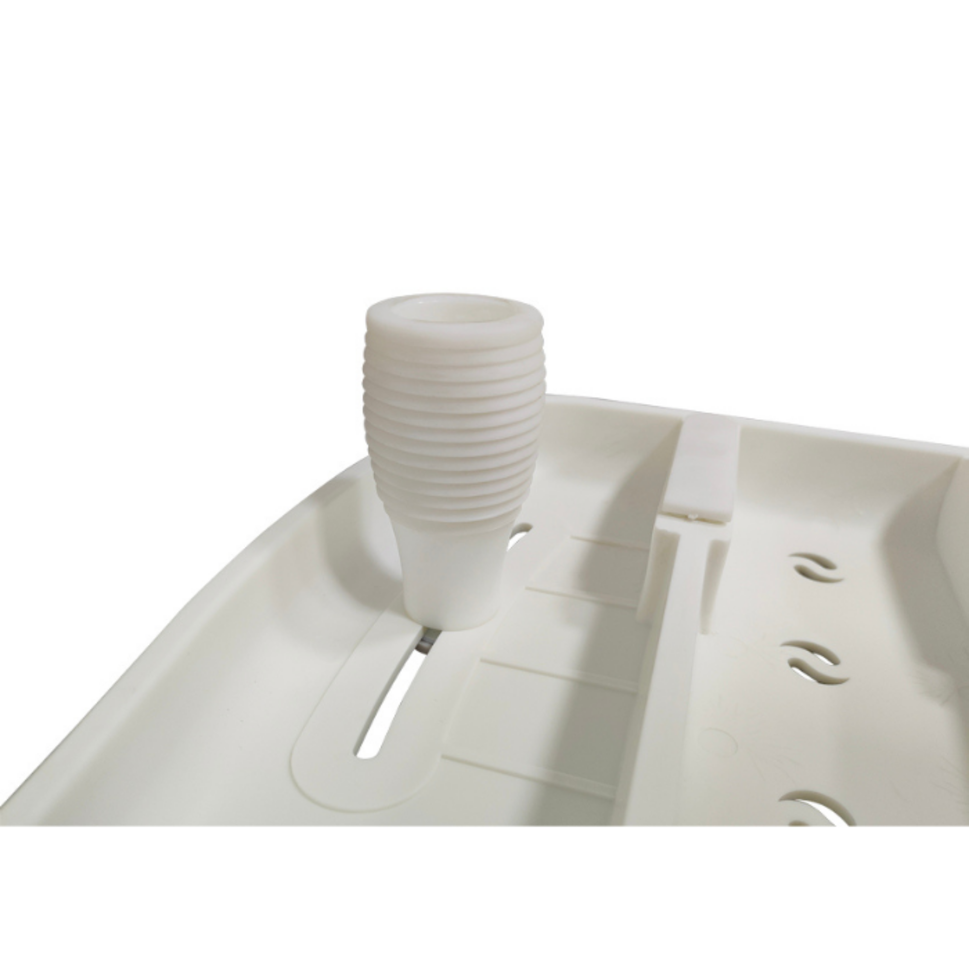 White plastic component with ribbed cylindrical section and slotted base, photographed on a white background to show shape and condition