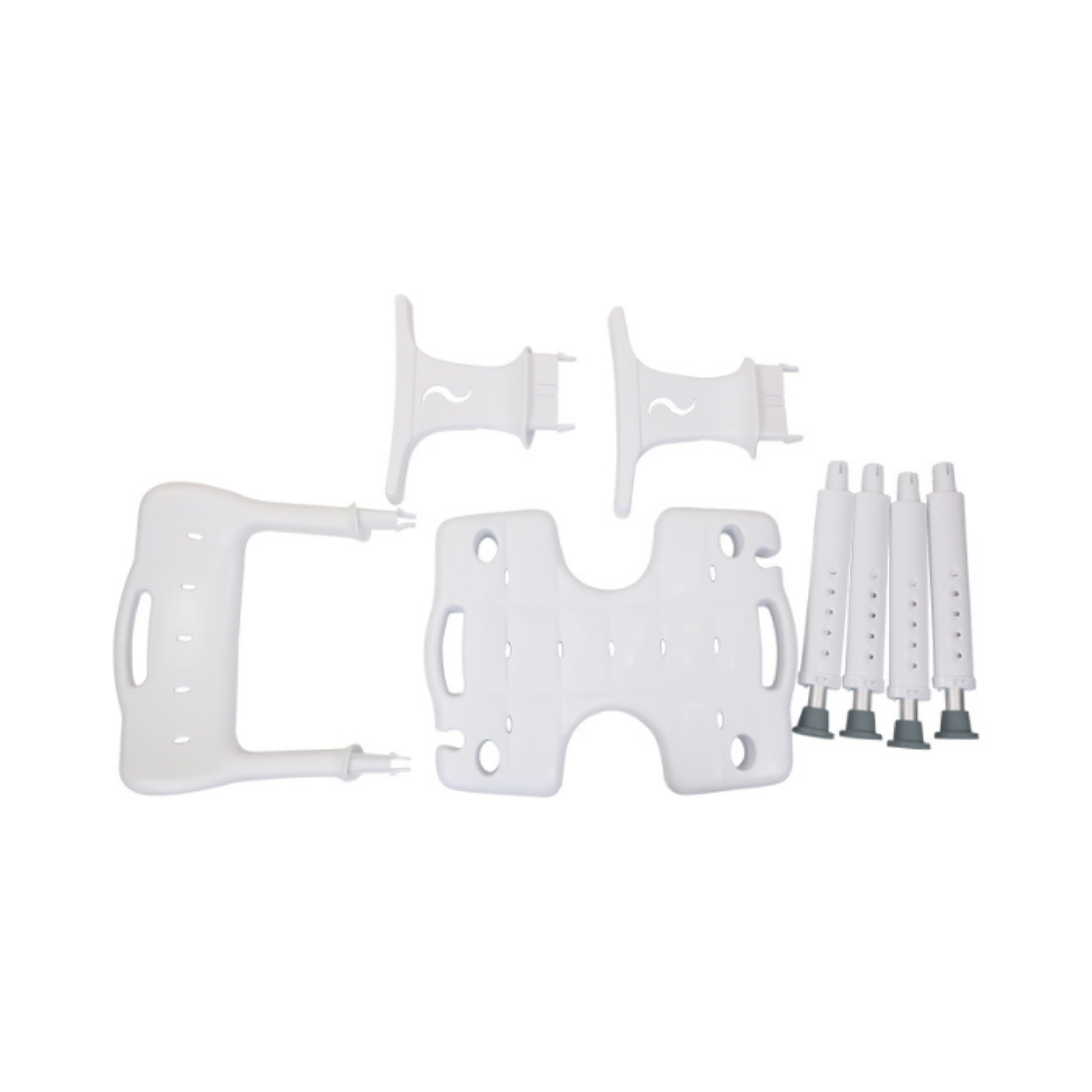 Set of white shower‑chair components including central seat base, curved support brackets and four adjustable leg tubes with flared rubber feet, arranged on a white background to show parts and condition