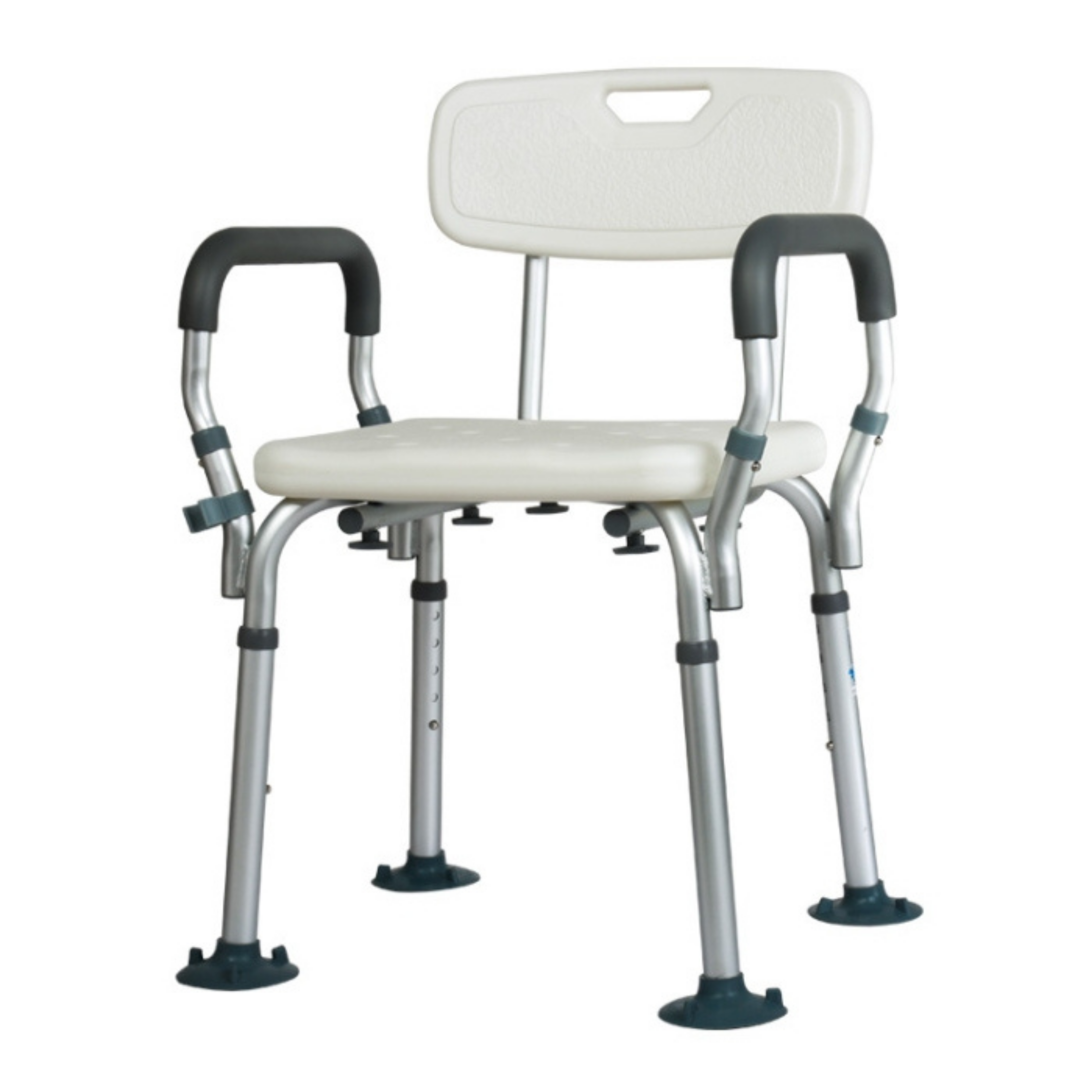 White shower chair with grey armrests, silver adjustable legs and suction‑style feet, shown on a white background to display condition and features.