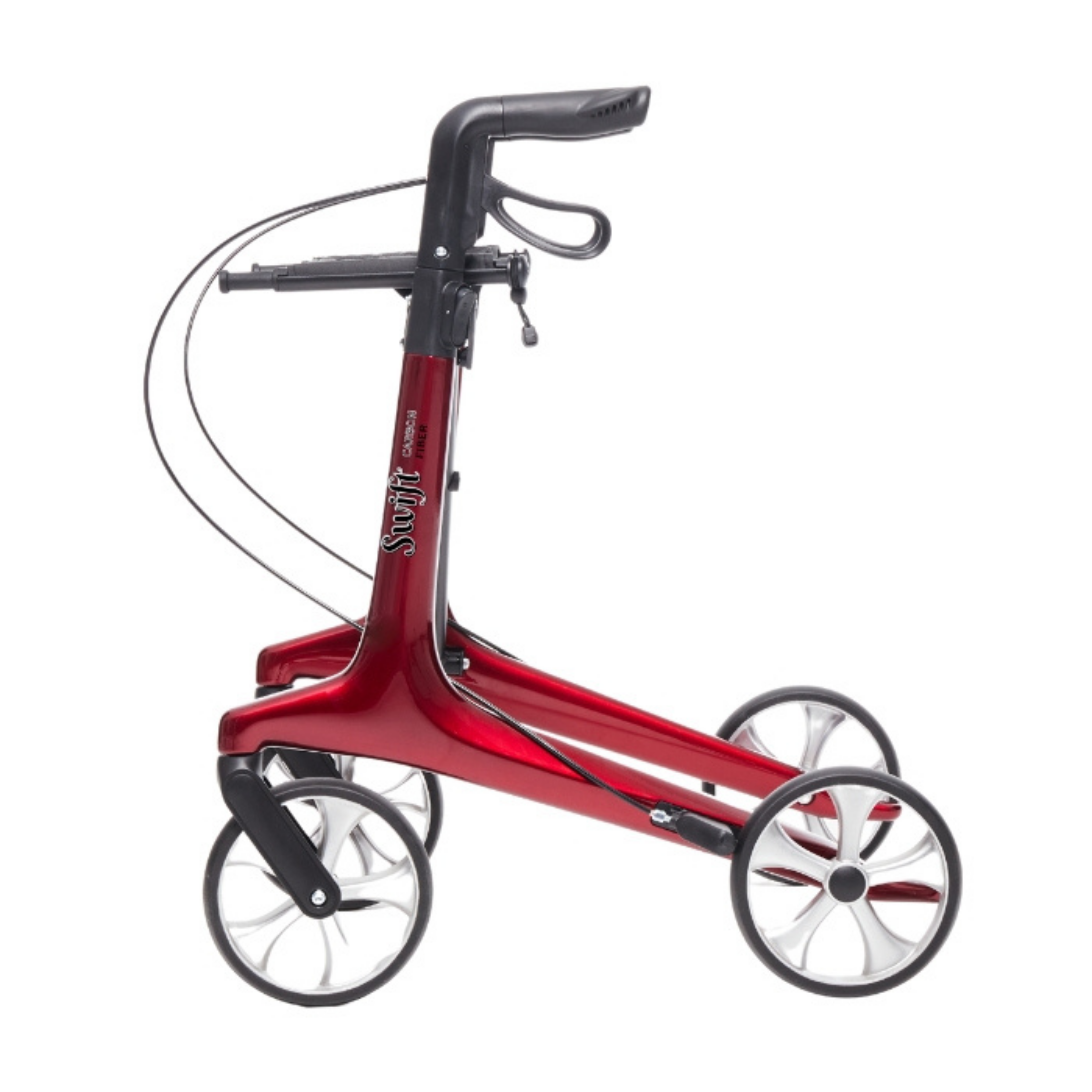Red three‑wheel rollator with black ergonomic handlebar, lightweight frame and large rear wheels, shown on a white background to display condition and features.