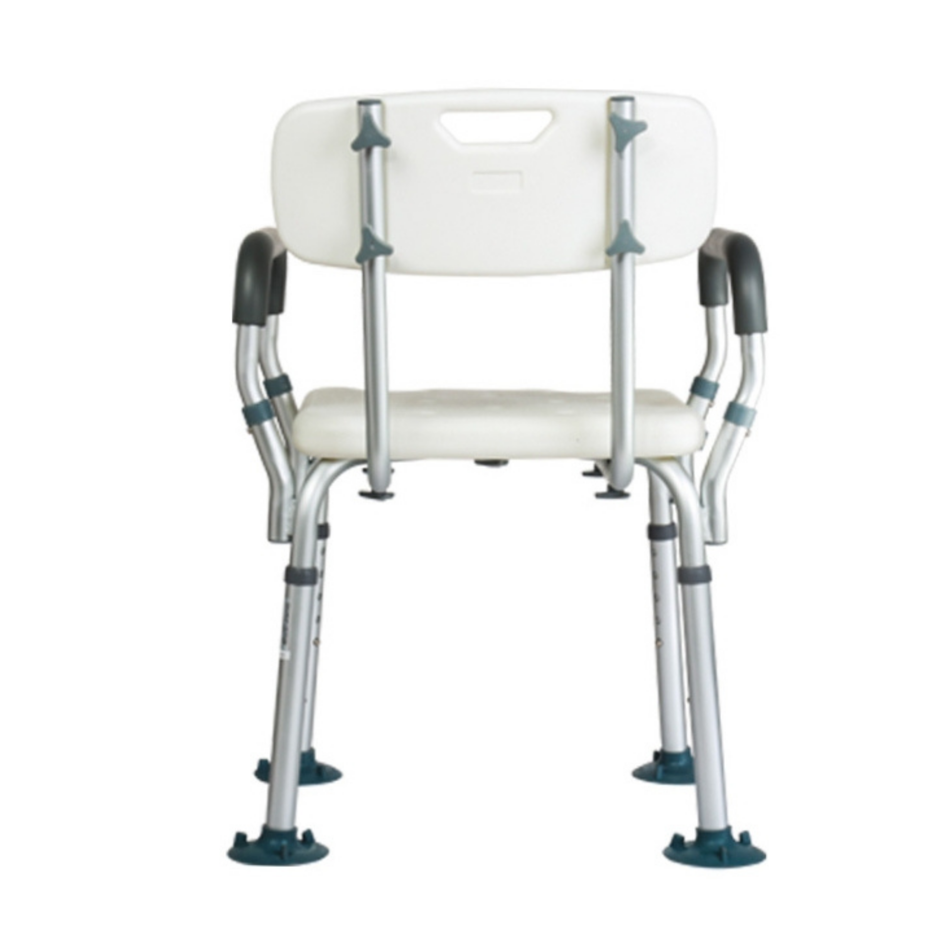 Rear view of a shower chair showing silver adjustable legs with suction‑style feet, grey armrests and white seat, photographed on a white background