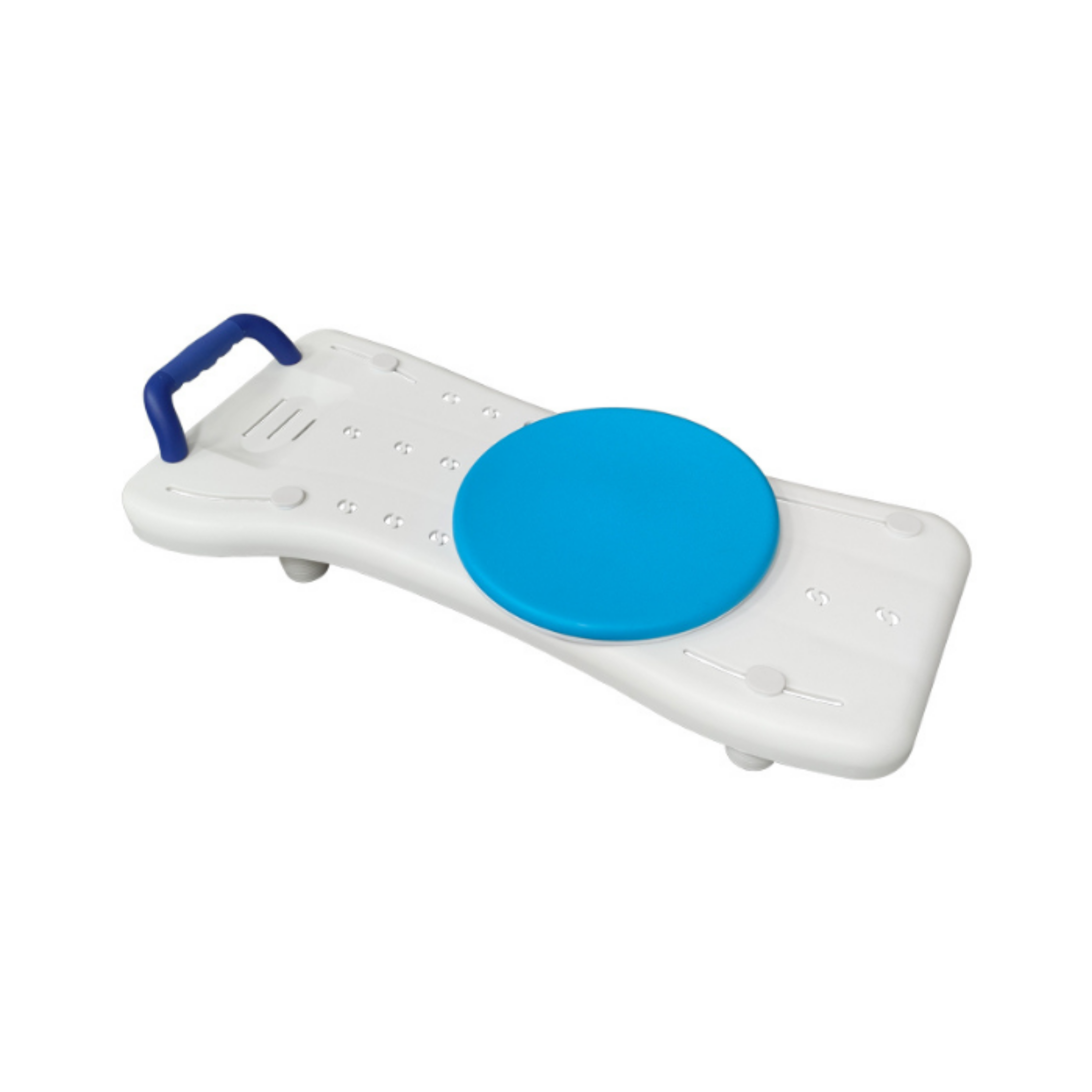 White bath seat with blue rotating seat section and side handle, photographed on a white background to show condition and features