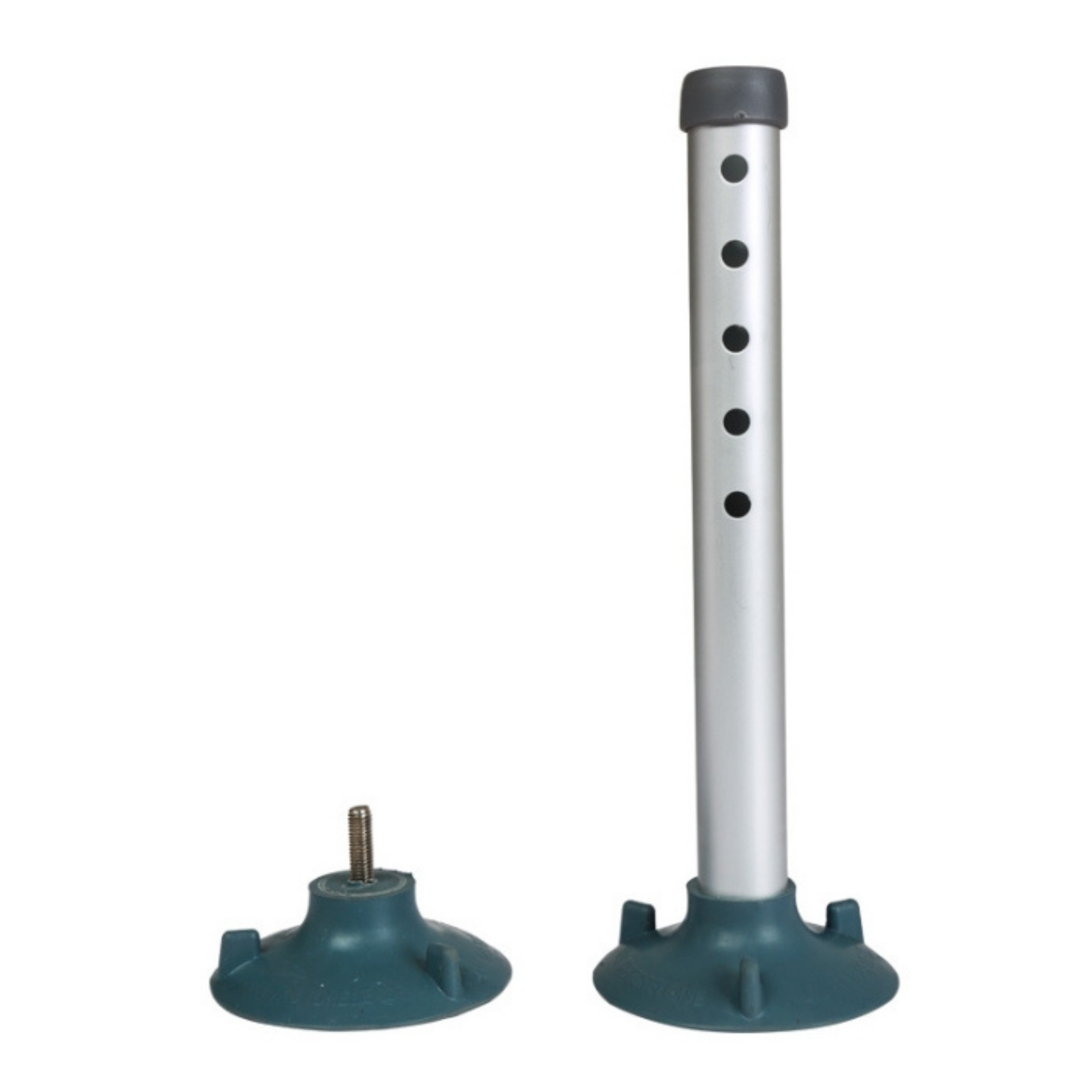 Adjustable chair legs with silver metal tubing, height‑adjustment holes and green rubber suction feet, photographed on a white background to show condition