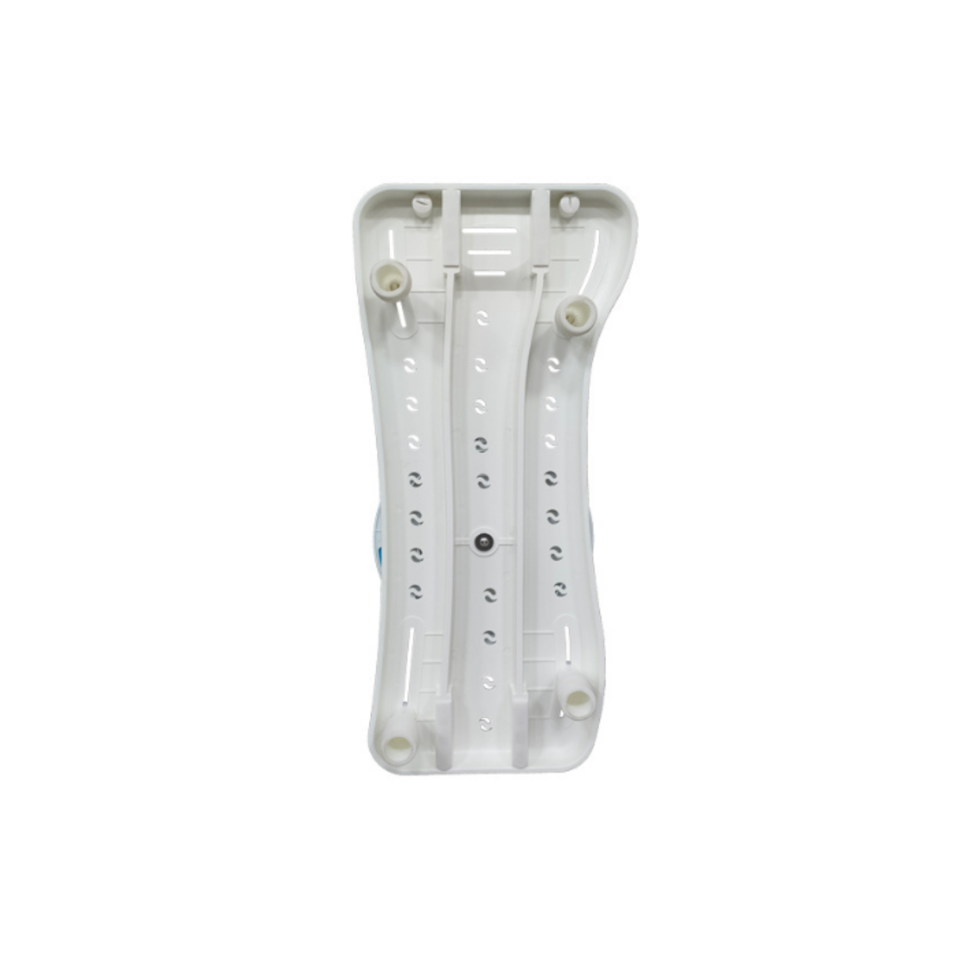 Clear plastic underside component of a bath transfer board with slotted base and central mounting point, photographed on a white background