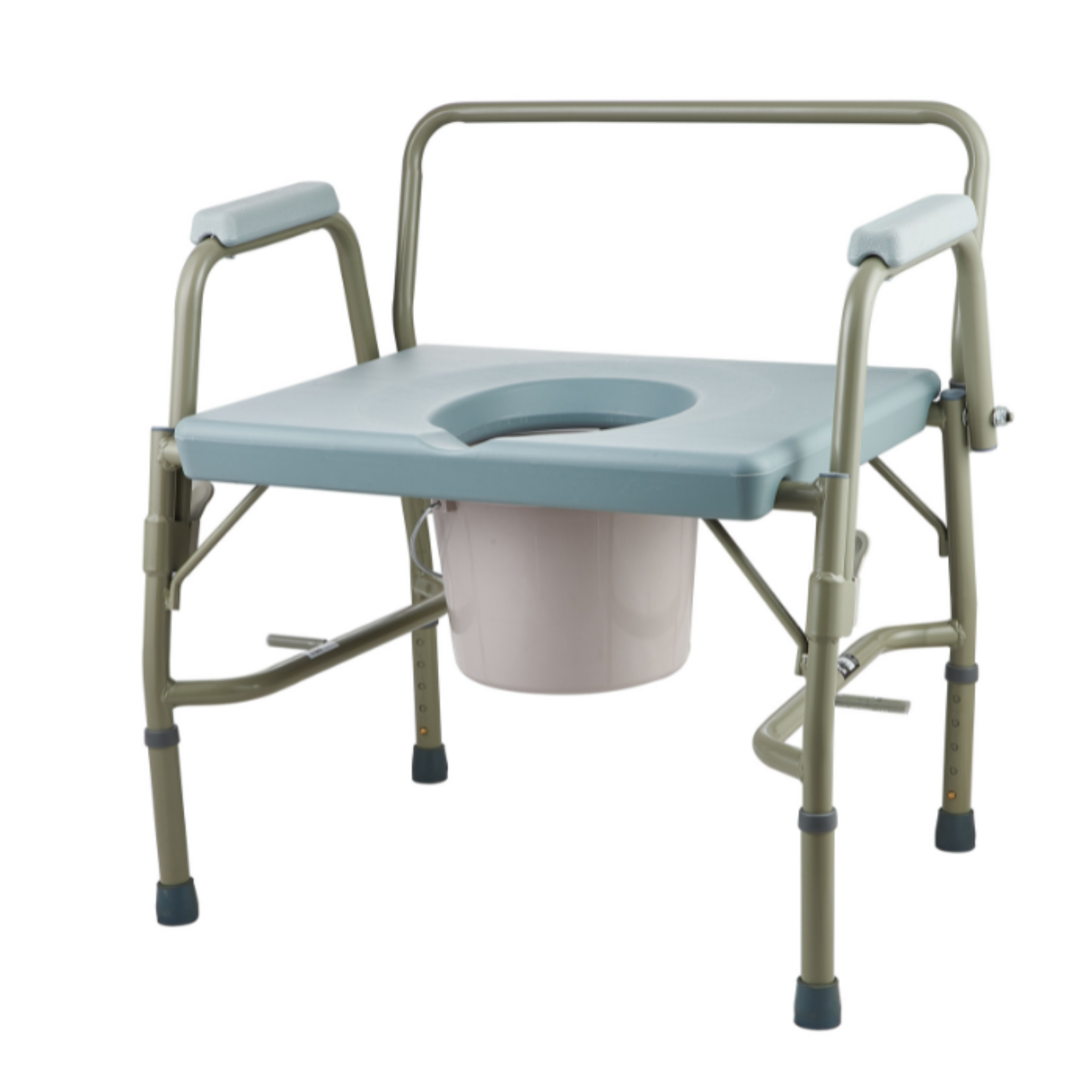 Bariatric drop‑arm commode chair with padded armrests, open seat and removable bucket, photographed on a white background to show condition