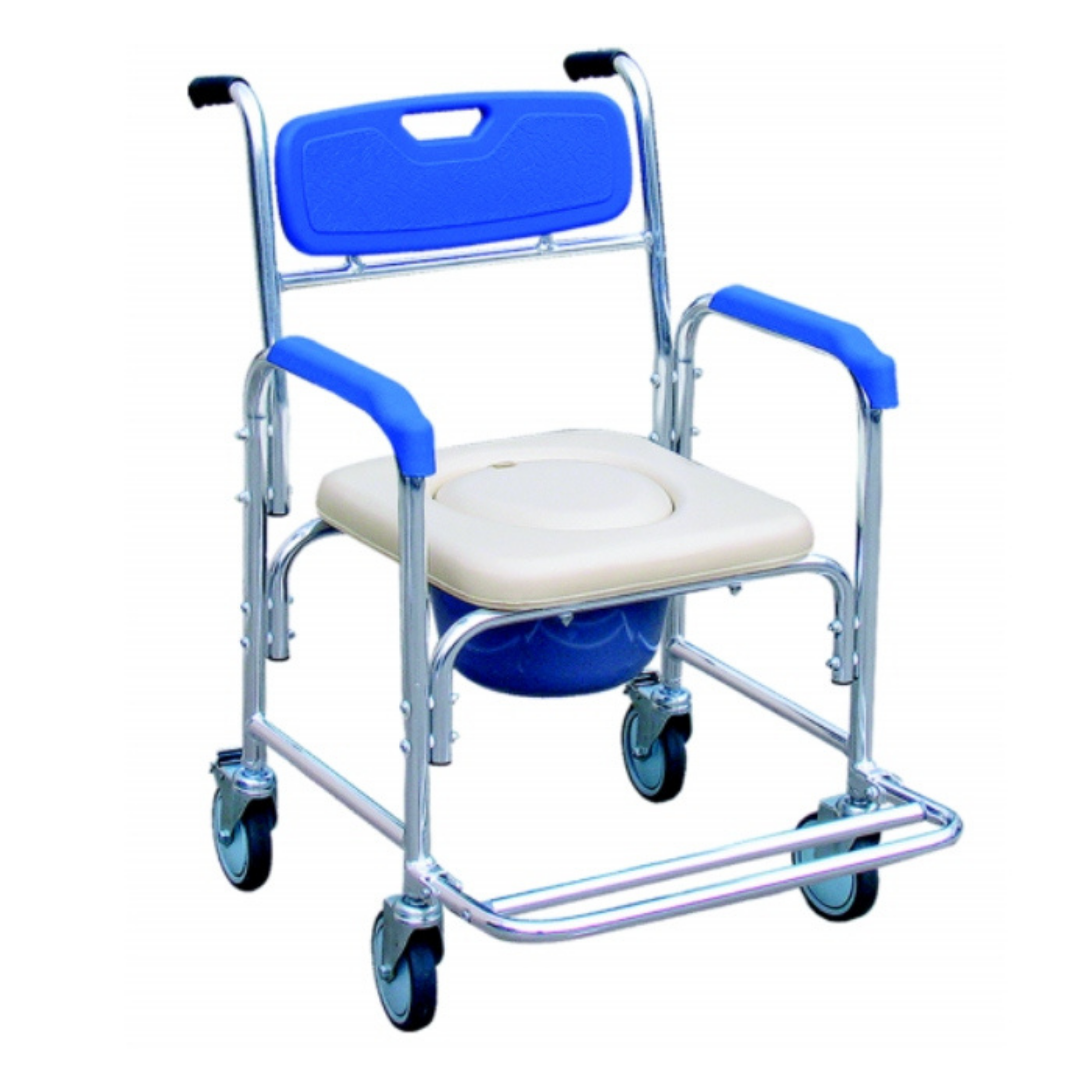 Blue and white wheeled commode chair with padded armrests, removable seat section and commode bucket, shown on a white background