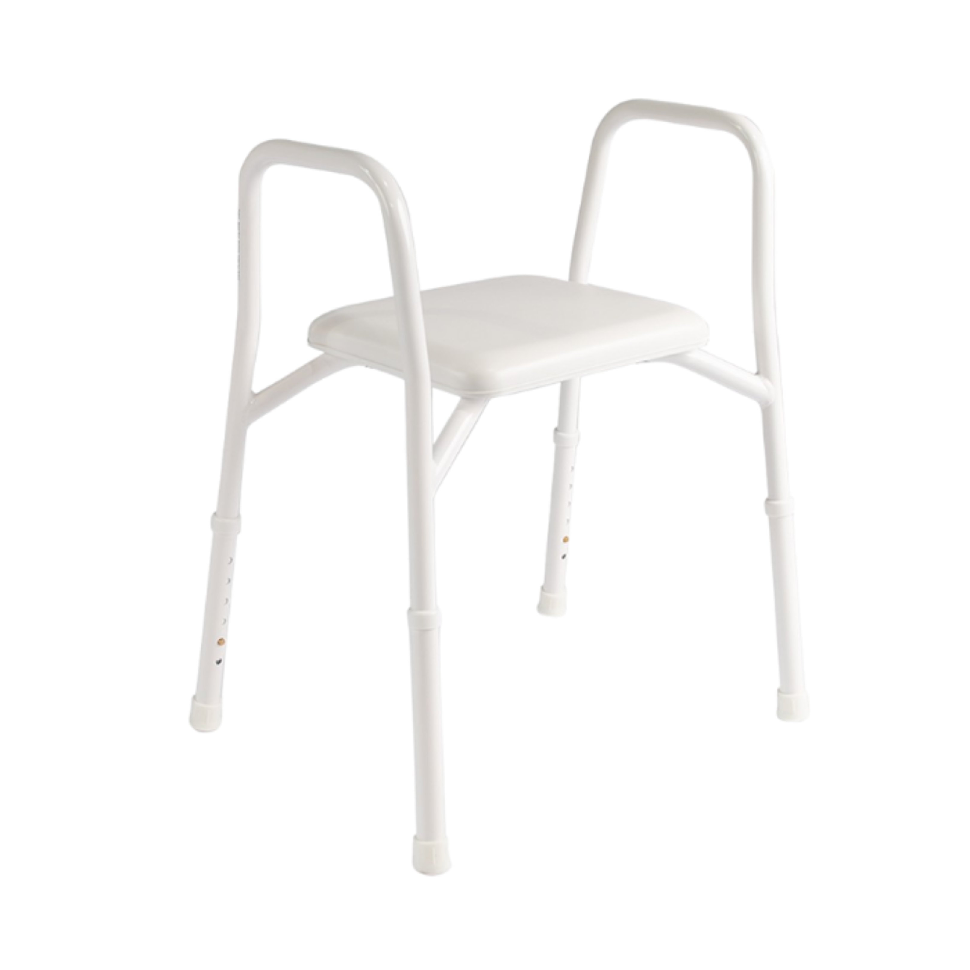 White extra‑wide shower stool with padded seat, side handles and rubber‑tipped legs, shown on a white background to display condition