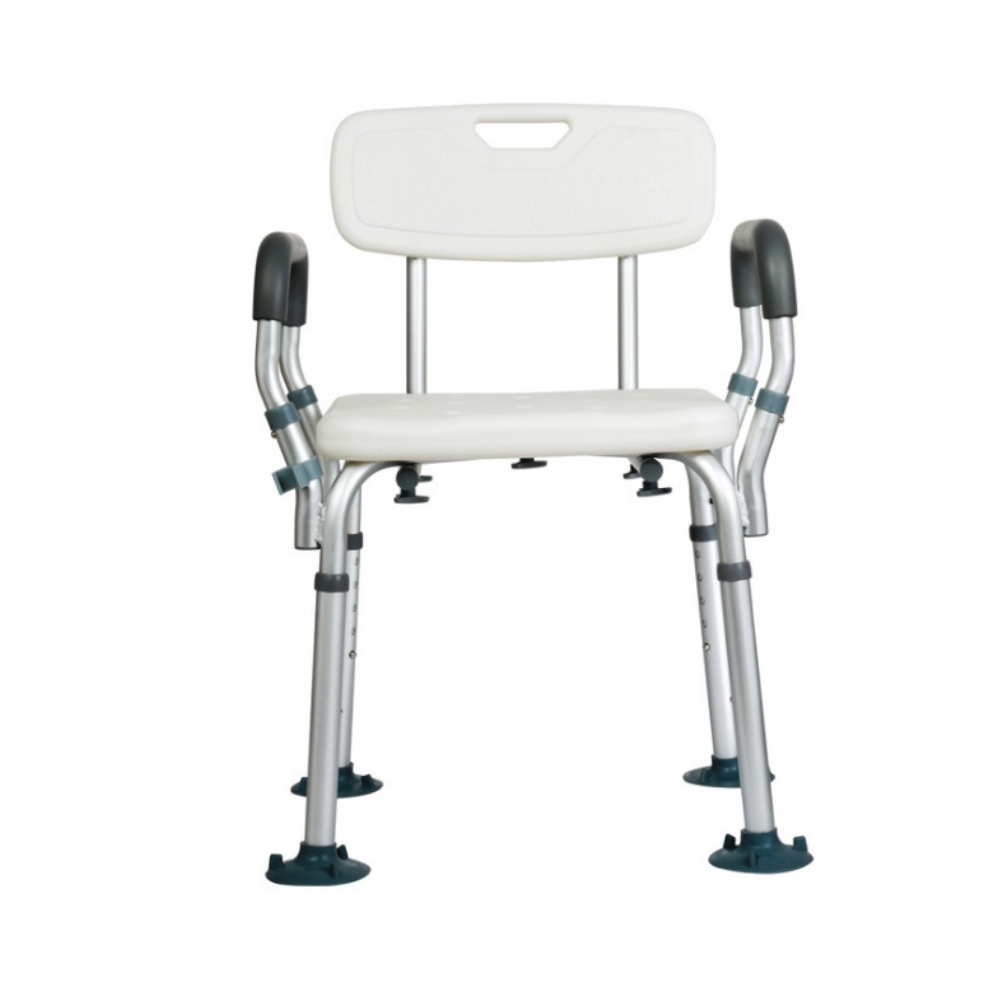 White shower chair with silver adjustable frame, contoured seat, backrest and padded armrests, shown on a white background to display condition.