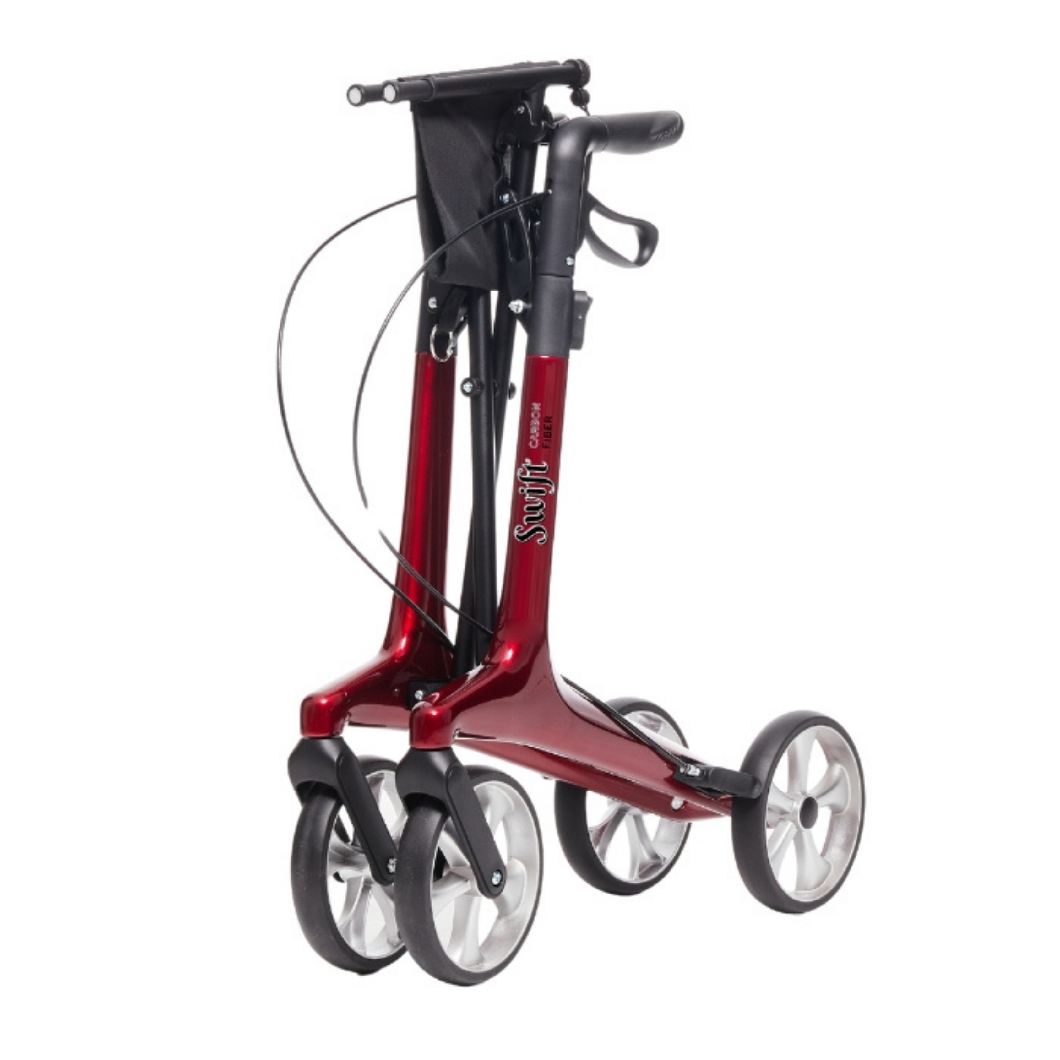 Red and black three‑wheel rollator with ergonomic handles, lightweight folding frame and large front wheel, shown on a white background to display condition and features