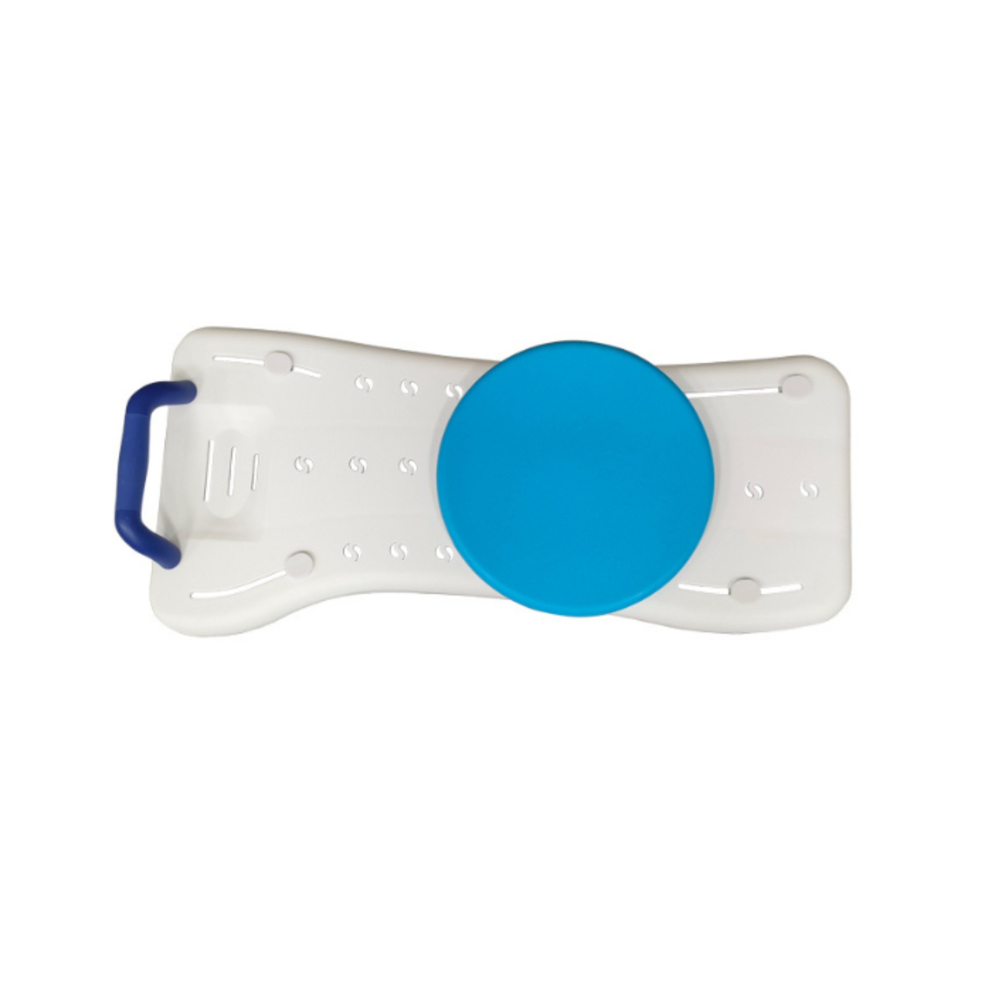 White bath transfer board with blue rotating seat and side handle, photographed on a white background to show condition