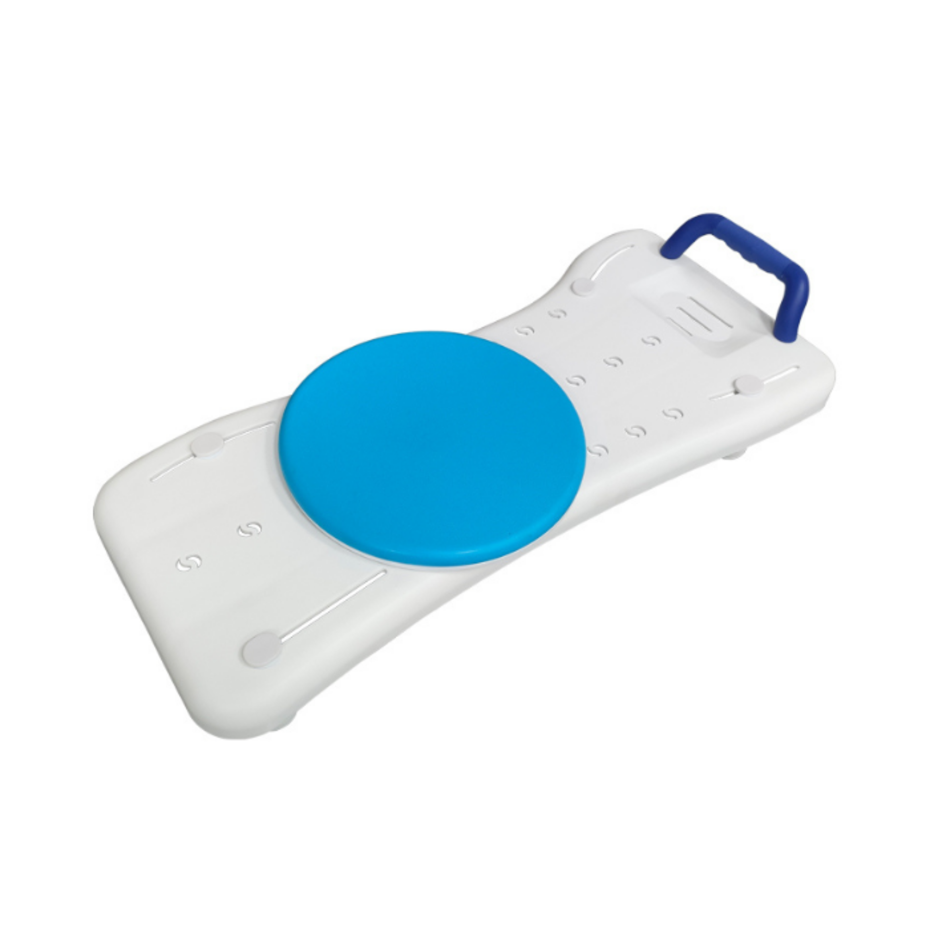 White bath transfer board with blue rotating seat and side handle, photographed on a white background to show condition and features