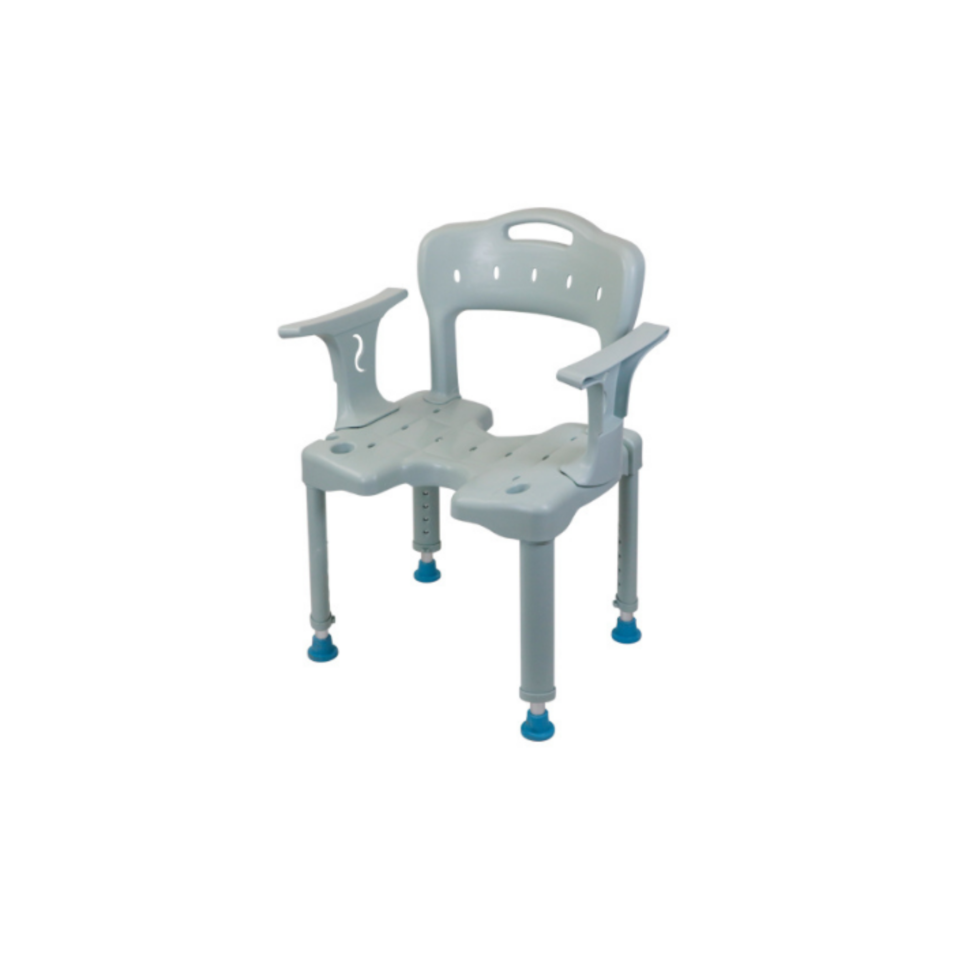 Grey shower chair with contoured drainage‑hole seat, backrest with ventilation slots, armrests and silver adjustable legs with blue rubber feet, shown on a white background to display condition and features
