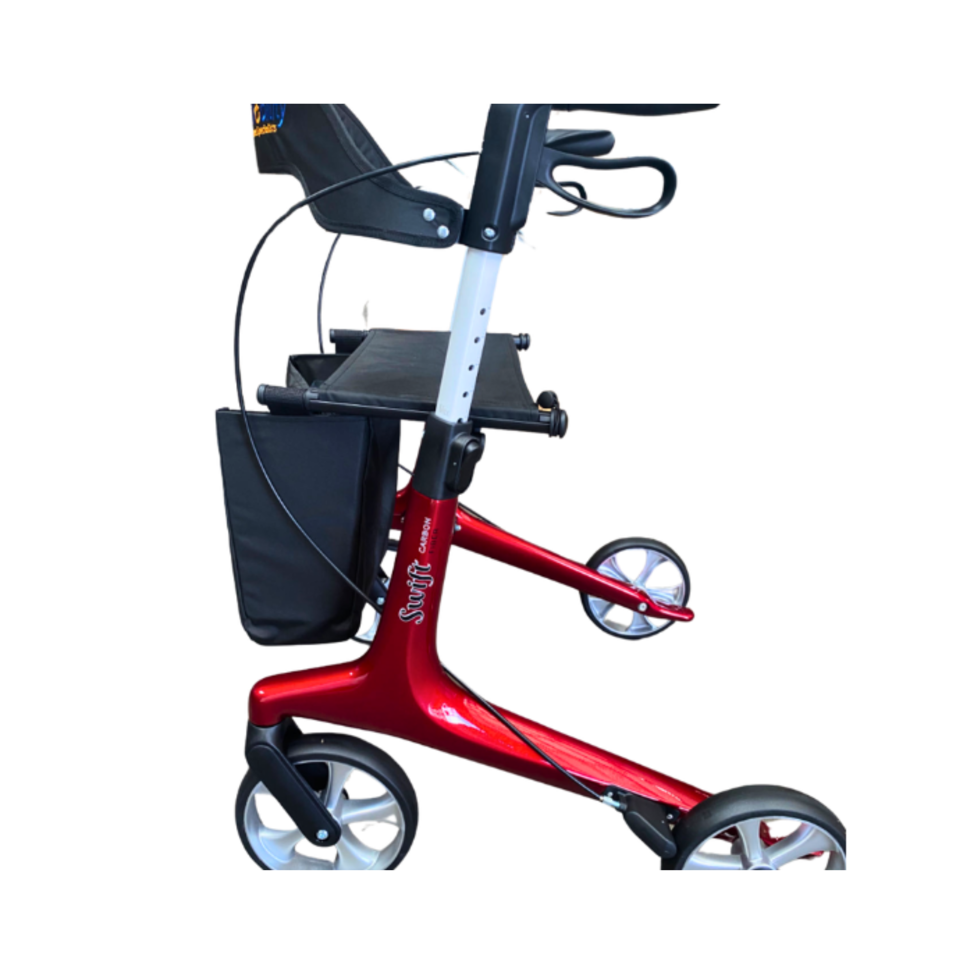 Red and black rollator with three wheels, black seat, front storage bag and ergonomic handles with brake cables, shown on a white background to display condition and features