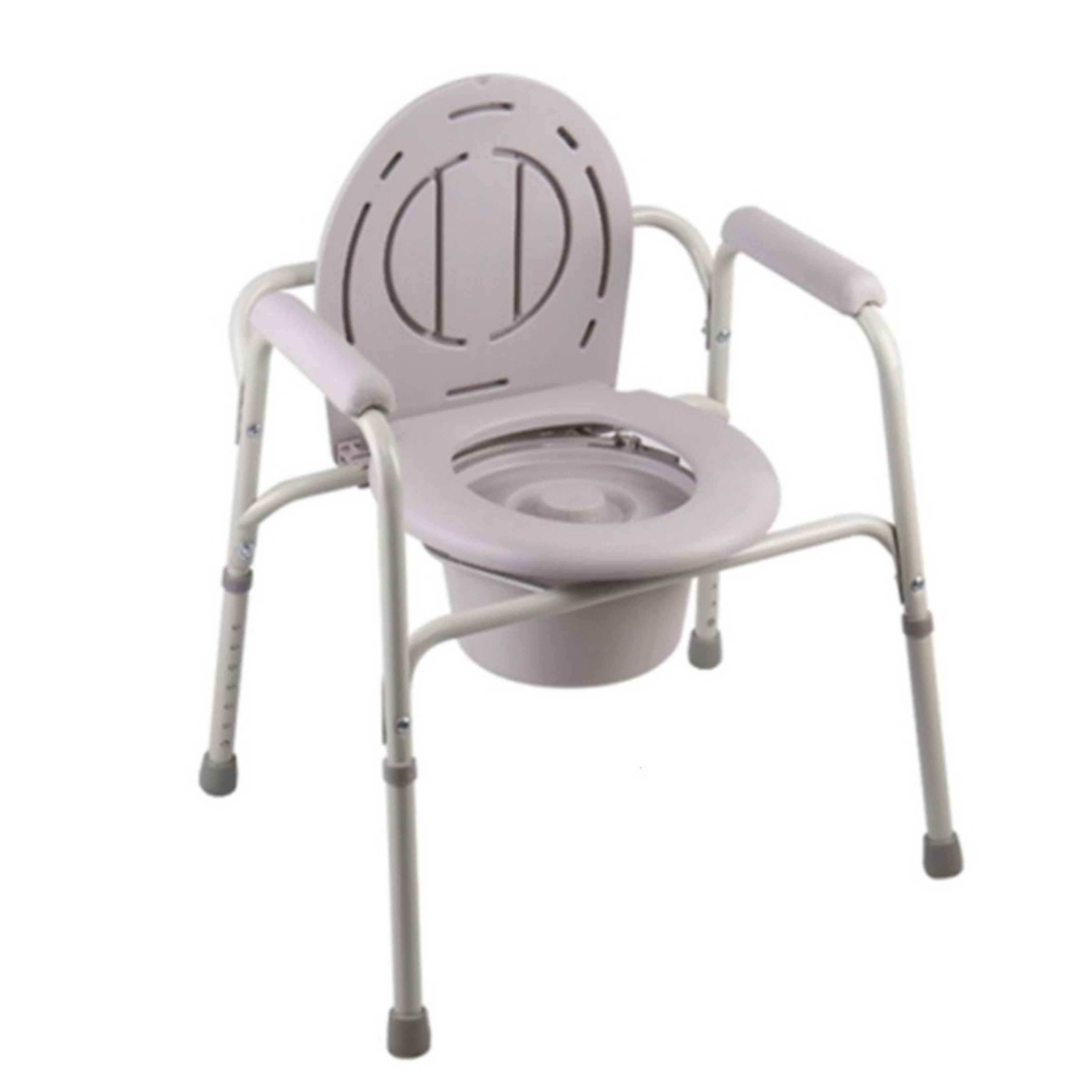 White aluminium commode chair with adjustable legs, armrests and seat section, photographed on a white background to show condition.