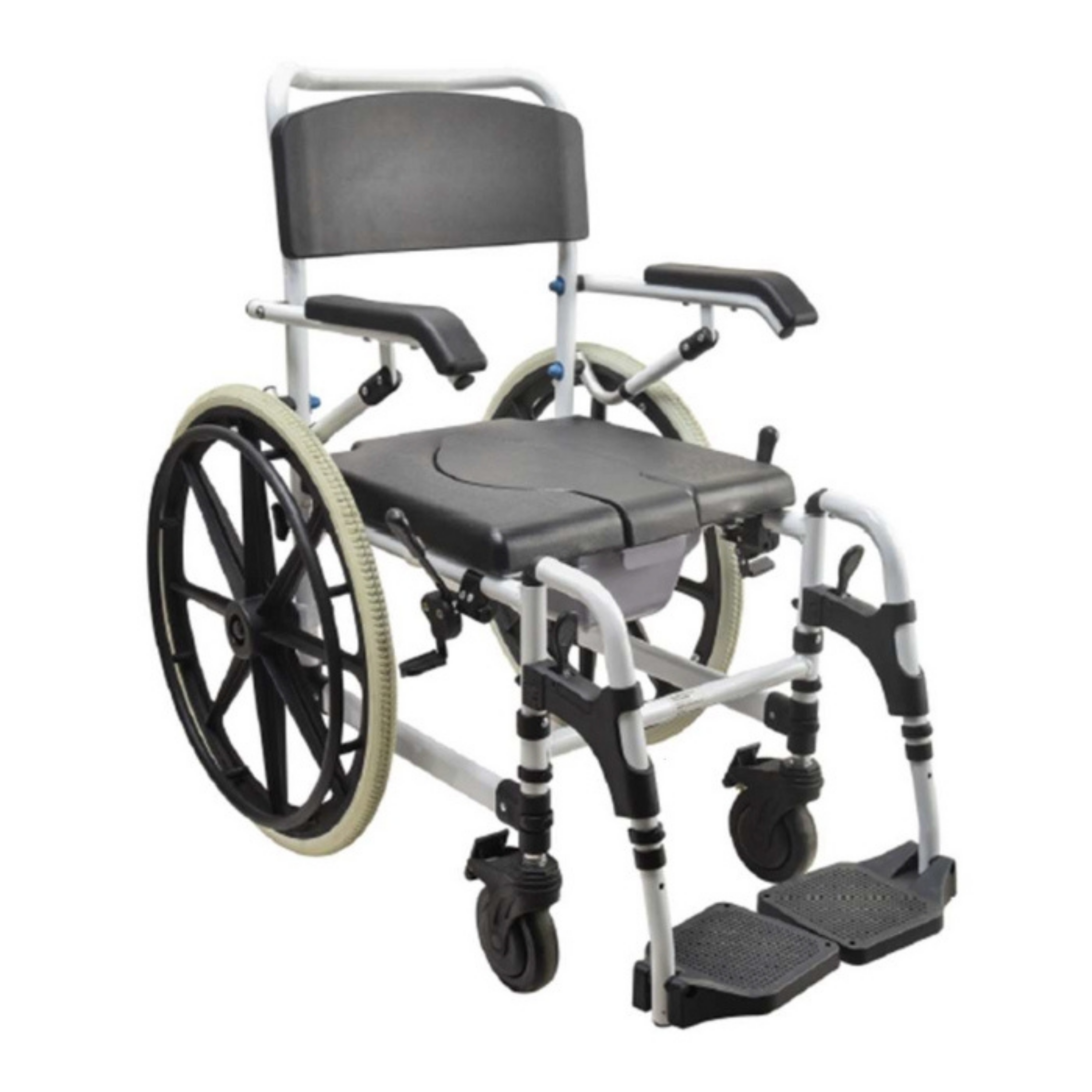 Aluminium commode wheelchair with large rear wheels, padded seat opening and lift‑up armrests, shown on a white background