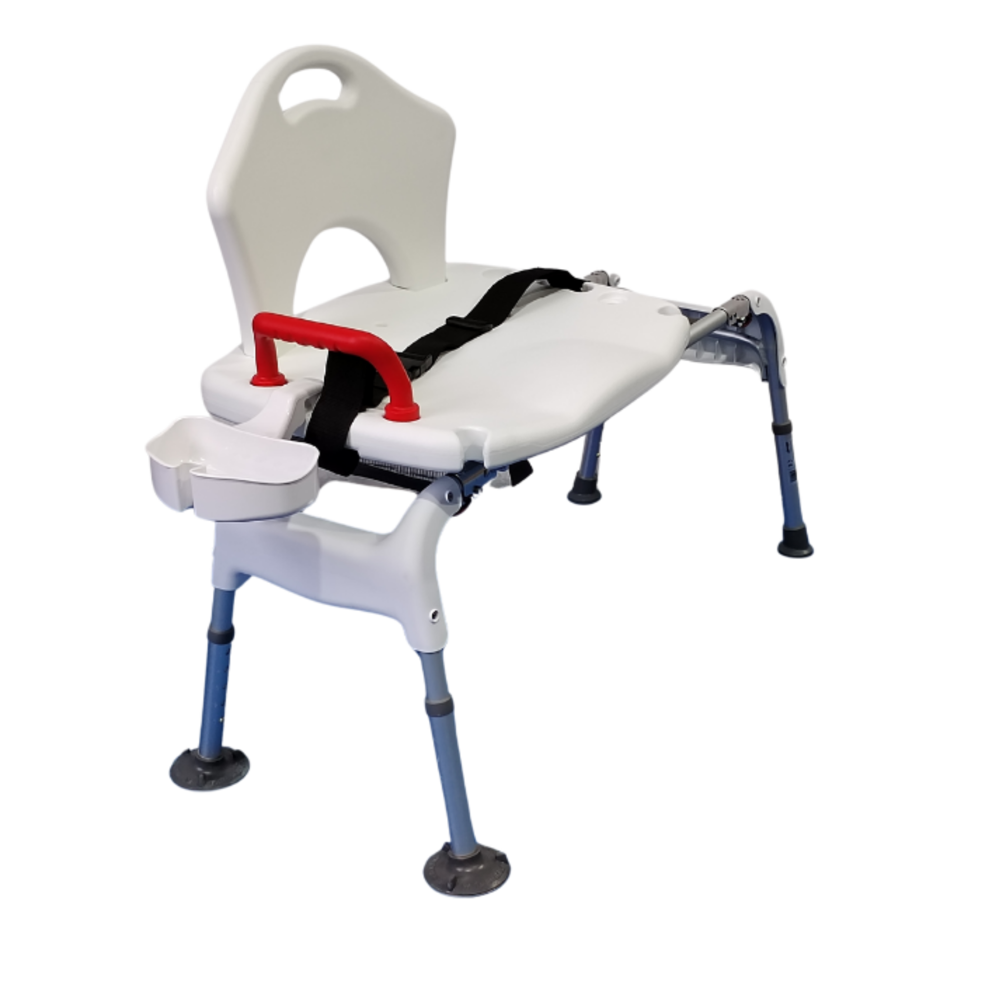 Sliding shower chair with white seat and backrest, blue adjustable legs, removable armrest, built‑in soap box, red support handle and black safety strap, shown on a white background to display condition and features
