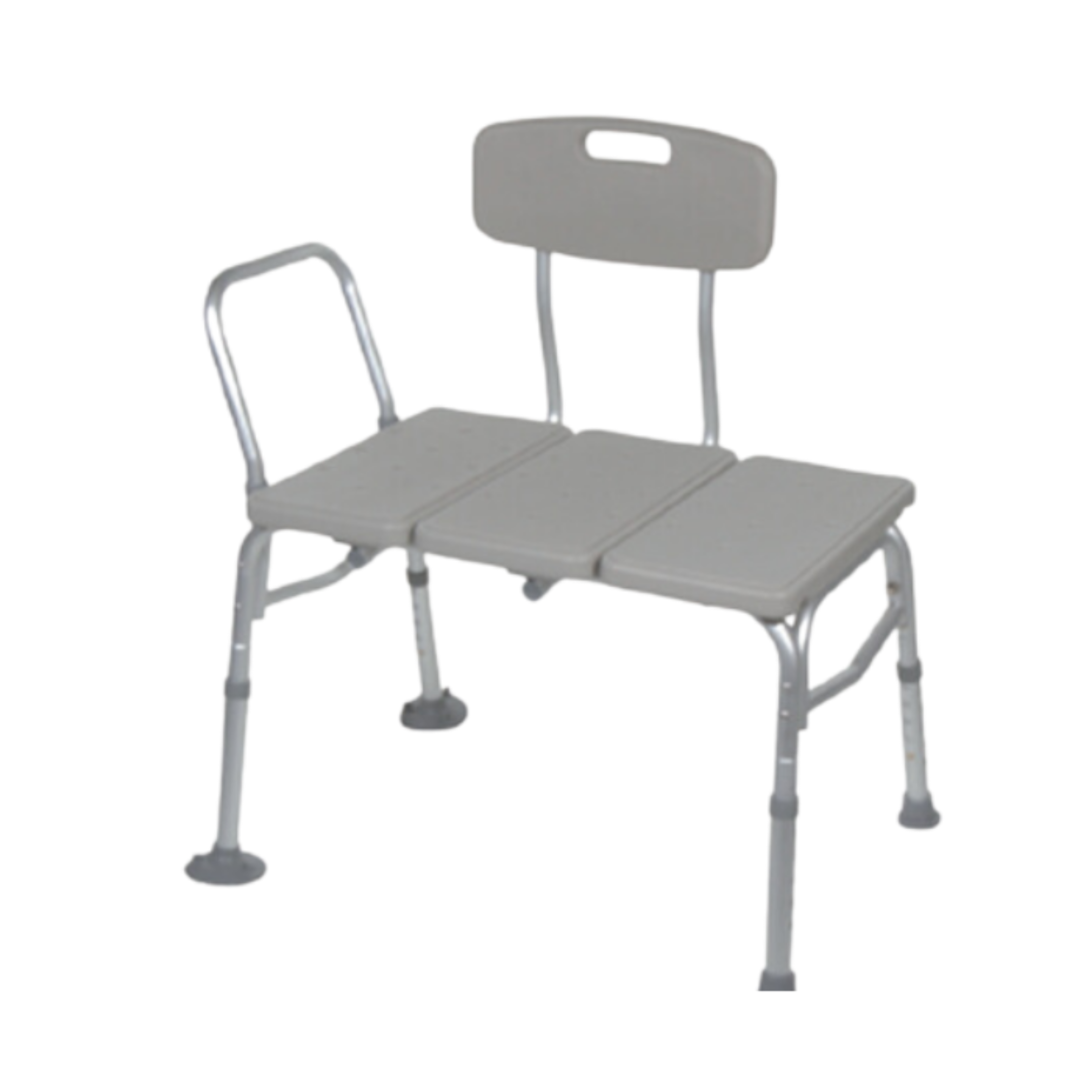 Grey adjustable transfer bench with backrest, armrest and suction‑style feet, shown on a white background to display condition and features